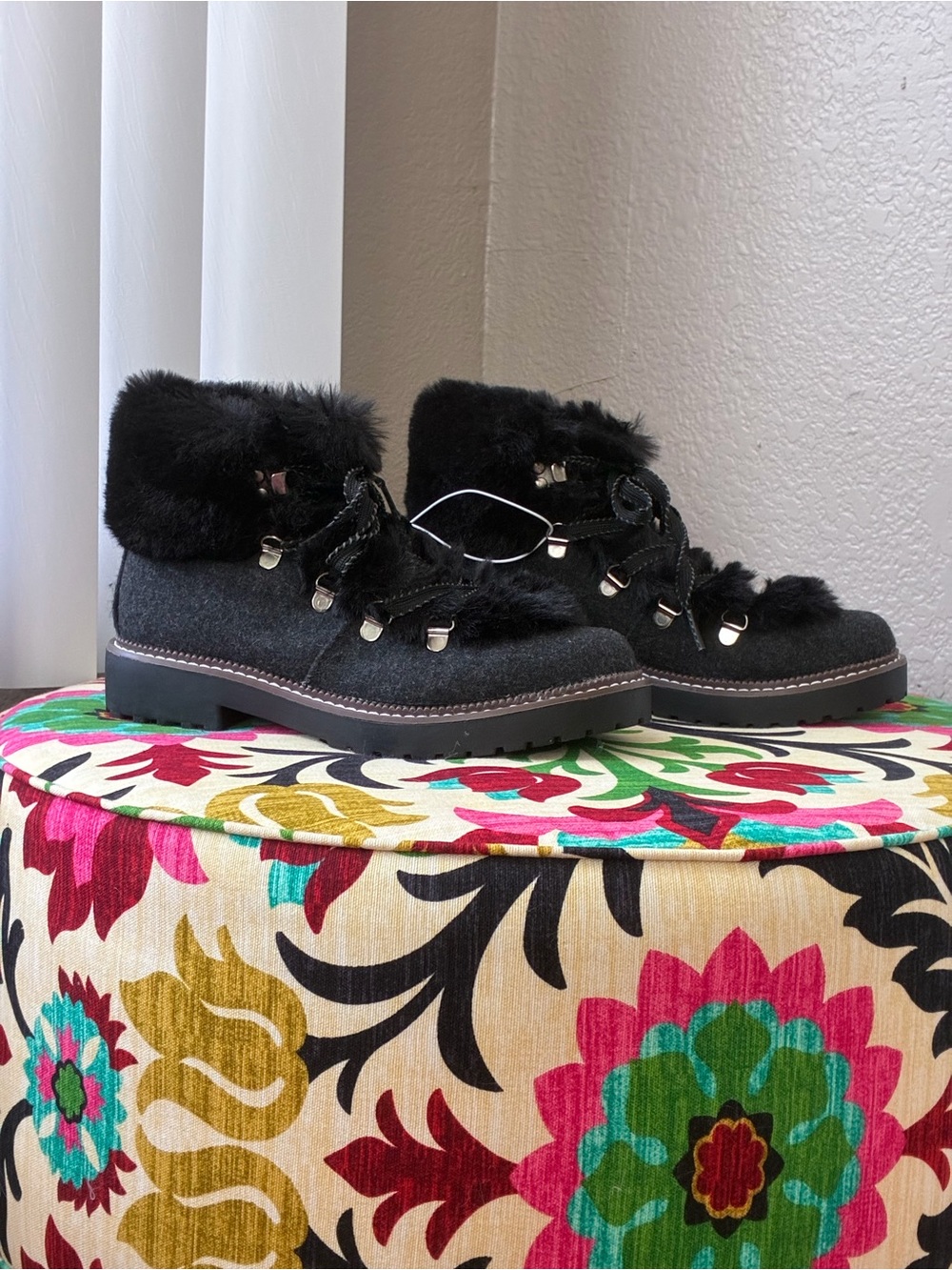 a new day Charcoal Faux Fur Lace-Up Winter Ankle Boots
